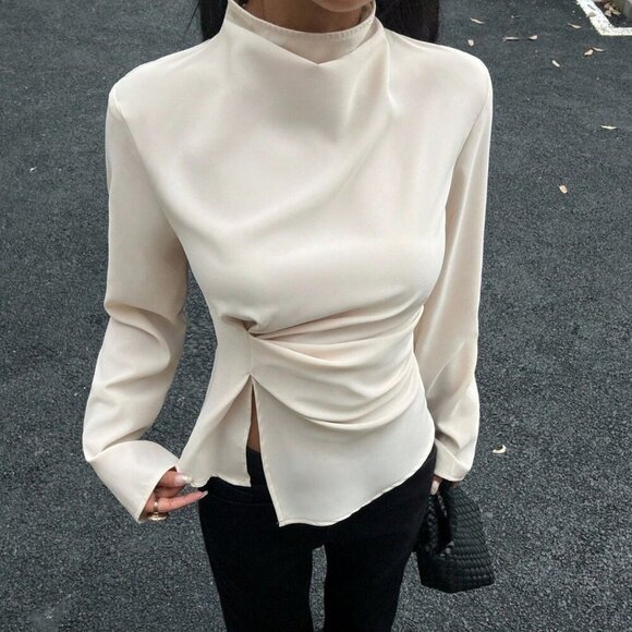 Apricot Elegant Women's Stand Collar Pleated Long Sleeve Blouse - Picture 3 of 6
